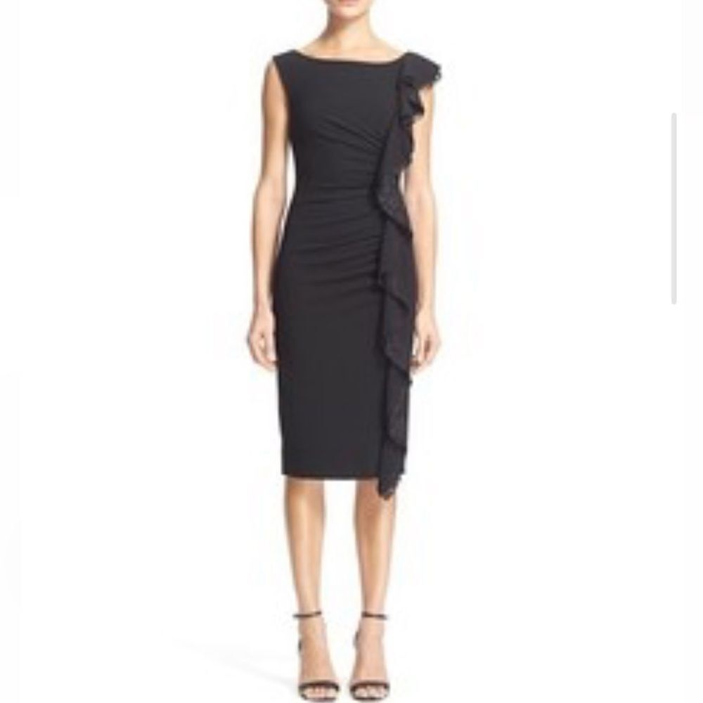 Tracy Reese‎ Black Sleeveless Ruched Ruffle Lace Shift Dress 8